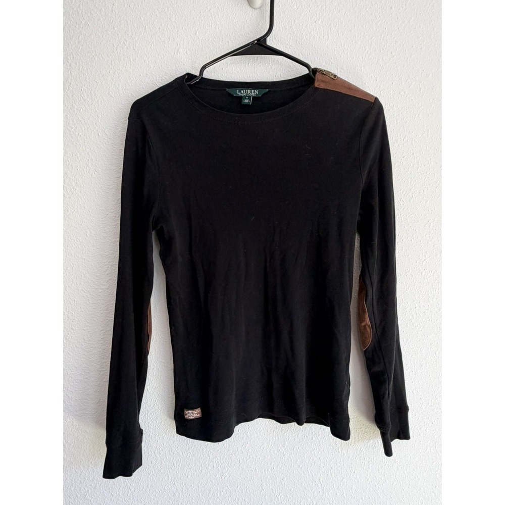 LAUREN Ralph Lauren womens M Black Shirt faux suede Trim & Elbows Equestrian